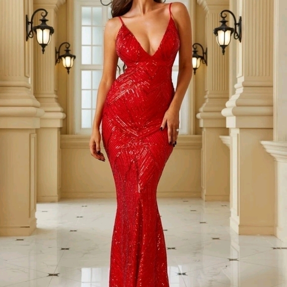 Red Cami Backless Contrast Sequined Mermaid Maxi Gown for Special Events - Picture 5 of 10